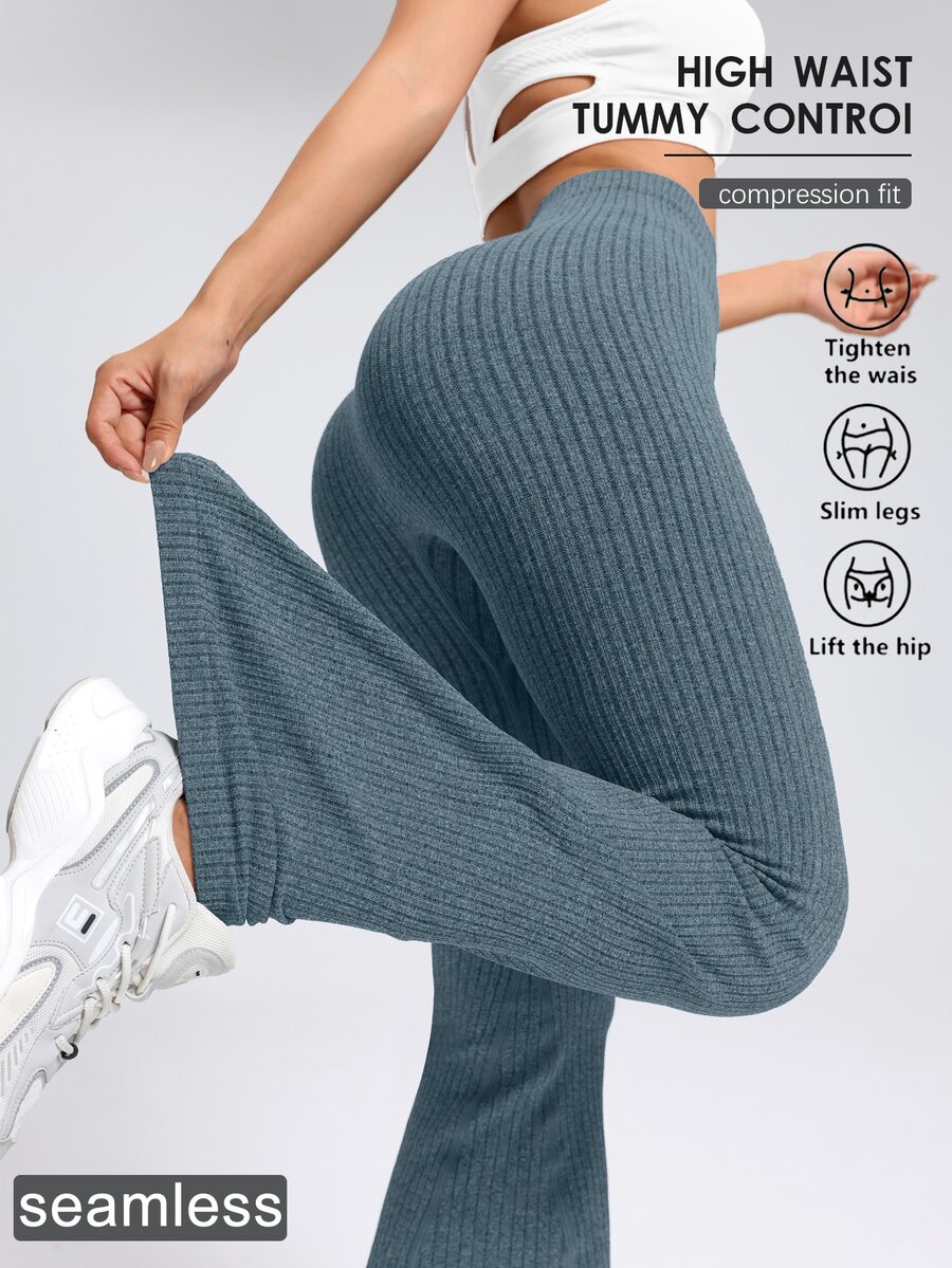 Dewbera Dewbera Women's Solid Color Ribbed Seamless Yoga Flare Leggings - Dusty Blue - View 1
