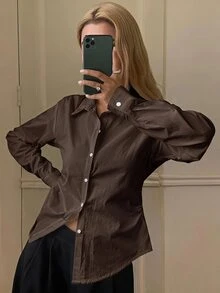 DAZY 女款純色修身腰長袖領口優雅正式春夏襯衫 - 咖啡棕 - 查看 3