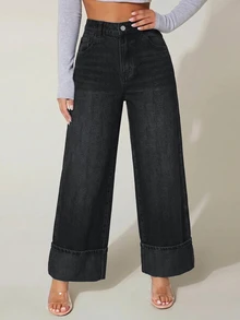 SHEIN PETITE 女款高腰口袋寬腿寬鬆休閒牛仔褲秋季服飾 - 黑色 - 查看 7