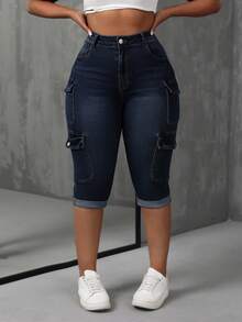 SHEIN CURVE+ Plus Size Cowgirl Outfit Blue Stretch Denim Cargo Pocket Sexy Tight Capris - Dark Wash - View 4