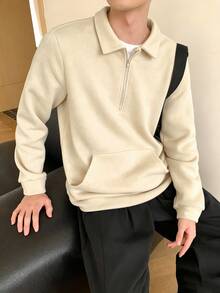Mirajuku 青少年男孩休閒學院風 Polo 領半拉鍊運動衫，適合校園、休閒與運動穿著 - 杏色 - 查看 7