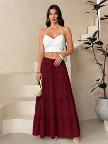 SHEIN Tall Rok Liburan Kasual Warna Polos untuk Wanita - Burgundy - View 5