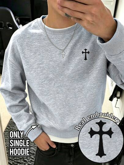 Resyla Men Men's Cross Embroidery Crew Neck Long Sleeve Pullover Sweatshirt Beach College Holiday Off Campus School Light Grey Autumn Streetwear