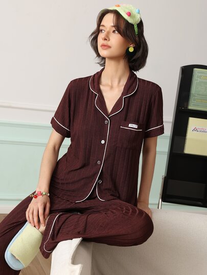 Chillnights Women's Piped Short Sleeve Single-Breasted Pocket Top And Long Pants Pajama Set