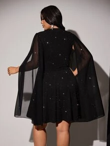 Viva Relle Plus Size Elegant Black Shiny Ribbed Patchwork Chiffon Cape Sleeve High Neck Hollow Mesh A-Line Mini Dress For Women Birthday Party Annual Meeting Evening Gala - Black - View 2