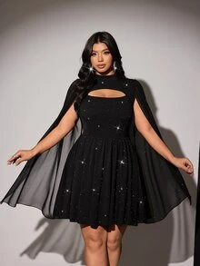 Viva Relle Plus Size Elegant Black Shiny Ribbed Patchwork Chiffon Cape Sleeve High Neck Hollow Mesh A-Line Mini Dress For Women Birthday Party Annual Meeting Evening Gala - Black - View 4