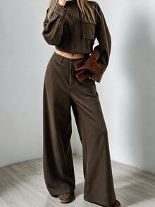 DAZY Women's Solid Color Zipper Front Jacket And Pants Casual 2 Pieces Set Fall - Chocolate Brown - View 2