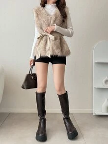 FRIFUL Women's Solid Color Fashion Versatile Winter Faux Fur Vest - Apricot - View 3