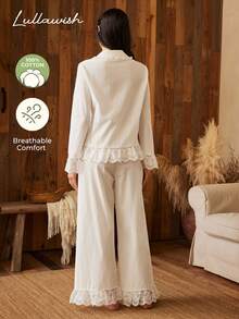 Lullawish Bohemian Vacation Casual Embroidered Lace Trim Ruffle Patchwork Loose Cotton Blend Woven Women's Pajama Set - White - View 2