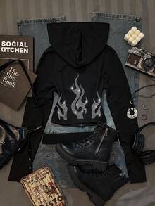 Attitoon Women's Solid Color Slim Fit Hooded T-Shirt, Autumn, Rhinestone Flame Pattern, Back To School Outfit, Street Fashion Cool Versatile, Club Party, Y2K - Black - View 1
