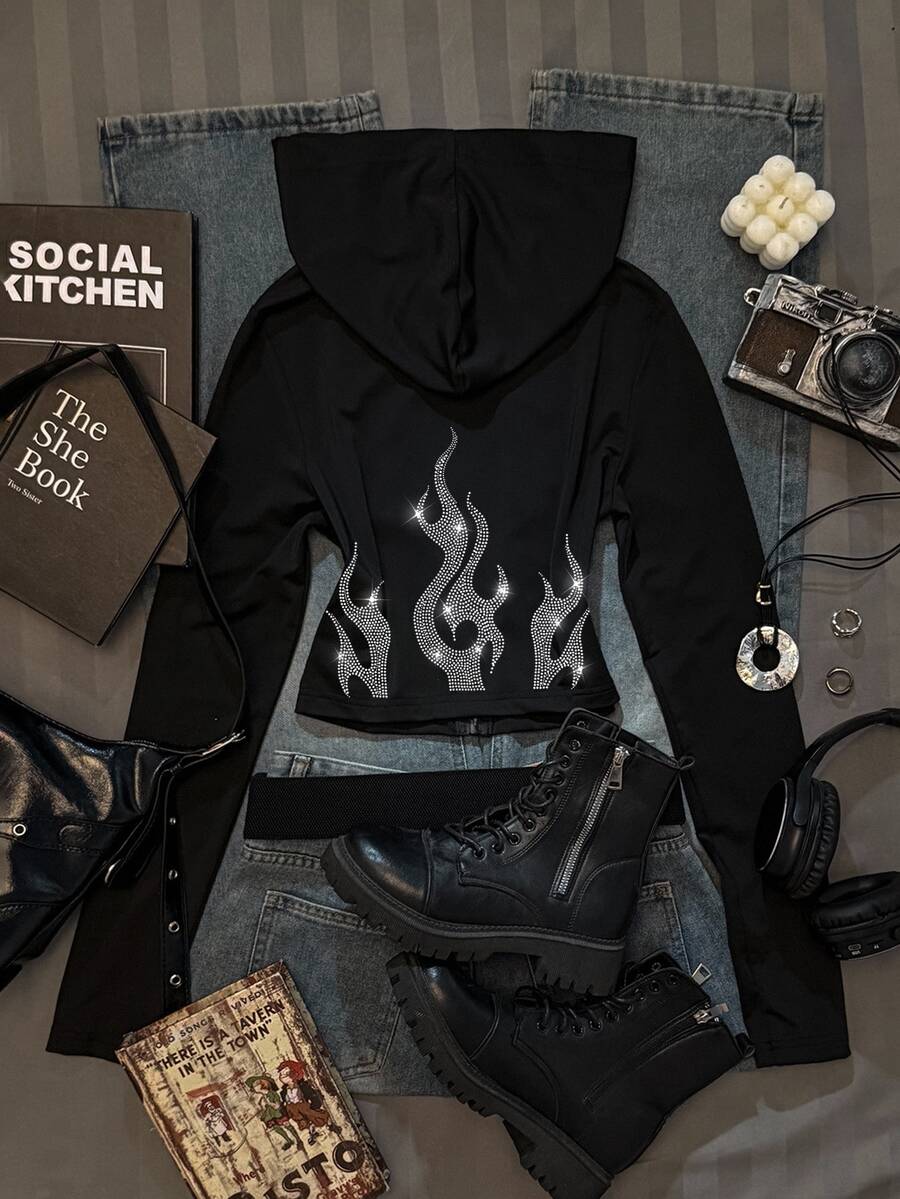 Attitoon Women's Solid Color Slim Fit Hooded T-Shirt, Autumn, Rhinestone Flame Pattern, Back To School Outfit, Street Fashion Cool Versatile, Club Party, Y2K - Black - View 1