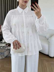 Modelyn 大尺碼長袖純色刺繡鈕扣休閒襯衫，秋季新款 - 白色 - 查看 4