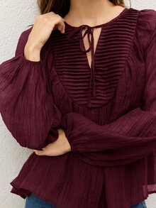 COSMINA Women's Pleated Balloon Sleeve Chiffon Blouse Brunch Everyday Burgundy Autumn Elegant Boho - Burgundy - View 8
