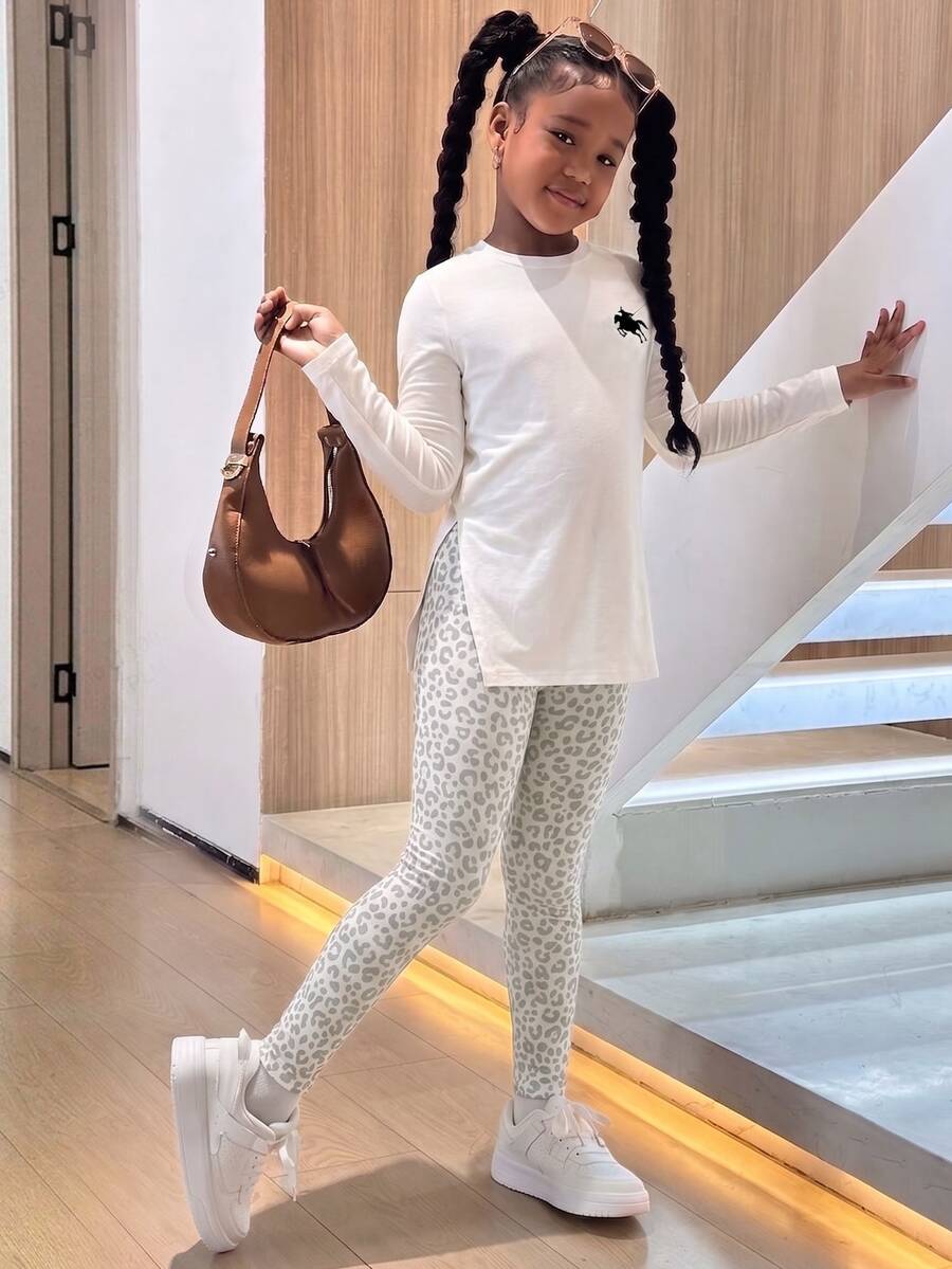 青少年女孩寬鬆長袖上衣與側開衩緊身內搭褲 2 件套,適合四季穿著 - 彩色 - 查看 1