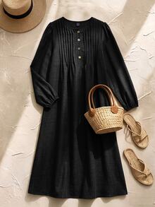 Rusticease Women's Solid Color Button Design Pleated Casual Basic Basic Retro Vintage 70s 2000s Long Dress Picnic Brunch Everyday Black Autumn - Black - View 3