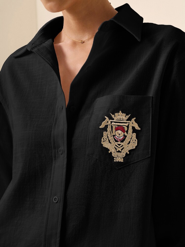 Briarwyn Women's Embroidered Fashion Single-Breasted Long Sleeve Top For Daily Wear - Black - View 2