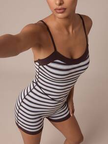 SHEIN BAE Women Black White Stripe Spaghetti Strap Athletic Romper Gym Workout Training Running Yoga Sports Romper - Baby Blue - View 6