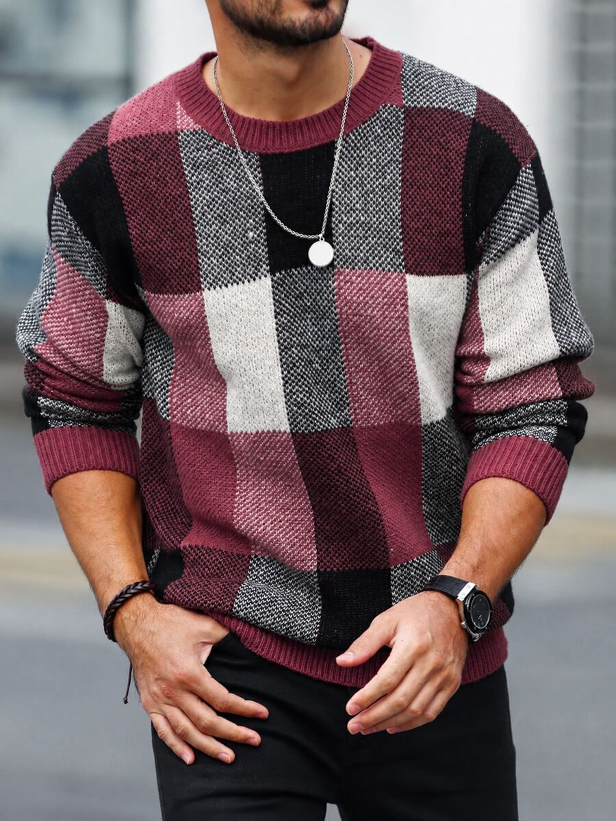 Manfinity Mode Men's Casual Plaid Sweater, Autumn/Winter - Red Violet - View 1