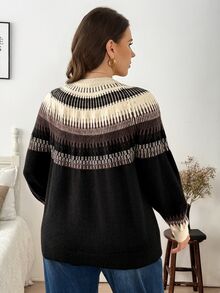 Easowa Curve Plus Size Autumn/Winter Casual Colorblock Striped Pullover Sweater - Multicolor - View 3