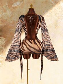 Amplova Women's Cowl Neck Animal Print Sexy Long Sleeve Dress - Brown - View 10