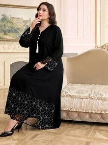 Al Najma 大尺碼女款優雅V領水鑽長袖阿拉伯風洋裝 - 黑色 - 查看 8