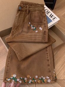GlowEve 女款夏季花卉刺繡牛仔長褲 - 棕色 - 查看 8