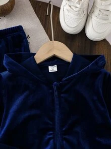 SHEIN Vintaside Kids 女童天鵝絨連帽長袖外套與長褲套裝，適合秋冬，時尚百搭，穿著舒適 - 藏蓝色 - 查看 5