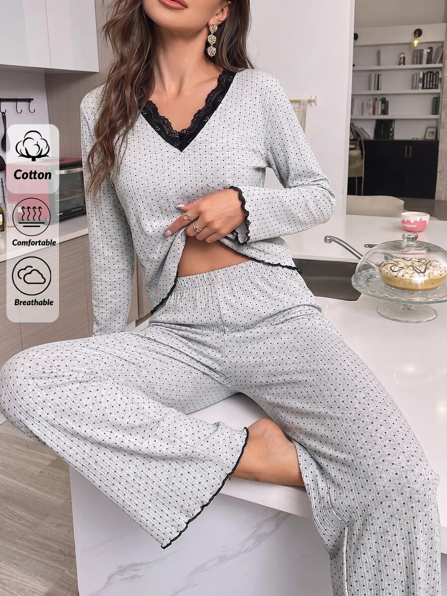 SHEIN طقم بيجامة قطني من قطعتين رمادي بأكمام طويلة مع دانتيل متباين، تي شيرت للنوم وبنطال طويل، كاجوال للاسترخاء - رمادي - مشاهدة 1