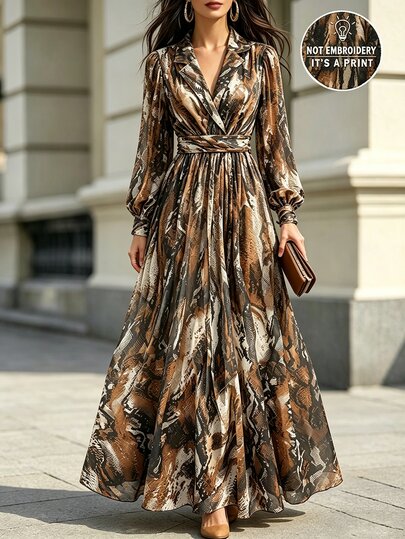 GlowEve CURVE Plus Size Women Elegant Vintage Collared Printed Casual Fashion Long Sleeve Cinched Waist Long Dress Fall