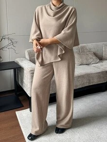 Dazy Plus Loose Asymmetrical Design Pullover Top & Long Pants 2 Pieces Set, Elegant Outfit, Spring/Autumn New Arrival - Khaki - View 7