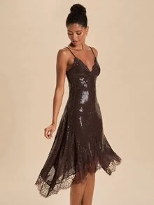 Travachic Women's Solid Color Sequin Contrast Lace Hem Cami Dress - Coffee Brown - View 6