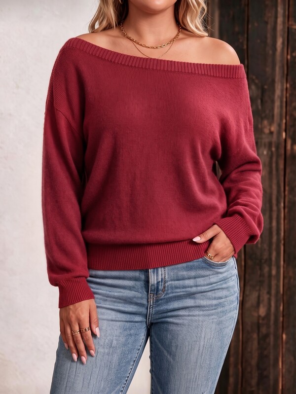GlowEve CURVE Women's Solid Color Asymmetrical Shoulder Asymmetrical Long Sleeve Casual Fashion Minimalist Elegant Plus Size Knit Loose Pullover Sweater