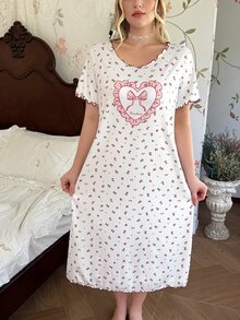 CottageSlumber Sweet Fresh Floral Heart Print Plus Size Nightgown, Girly Bow & Frill Trim Design Loungewear - Apricot - View 7