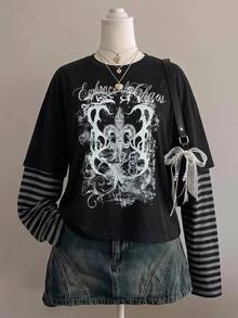 SHEIN Teen Girls Street Style Gothic Cotton Printed Loose Long Sleeve Fall Tops, Halloween Outfit - Black - View 1