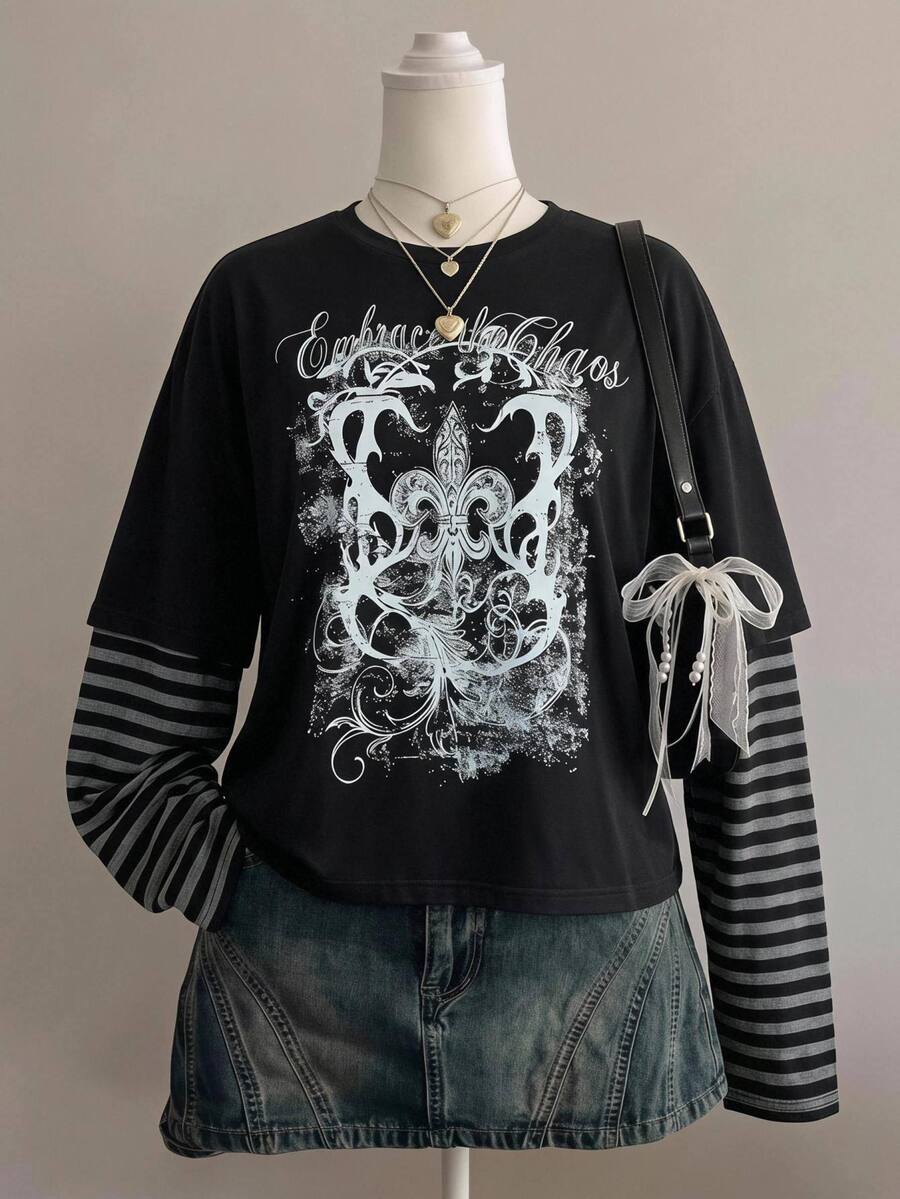 SHEIN Teen Girls Street Style Gothic Cotton Printed Loose Long Sleeve Fall Tops, Halloween Outfit - Black - View 1