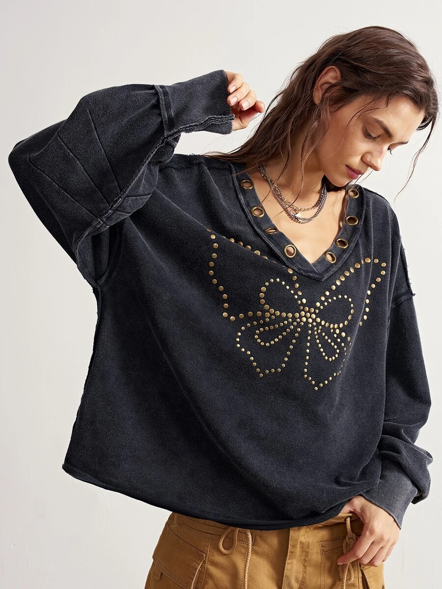 Bohemela Women's Beaded Butterfly Pattern Eyelet Design V-Neck Drop Shoulder Long Sleeve Loose Sweatshirt - Black - View 1