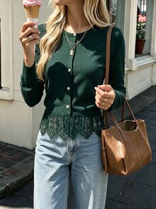 SHEIN Franclia 優雅蕾絲飾邊女款開襟衫 - 墨綠色 - 查看 4