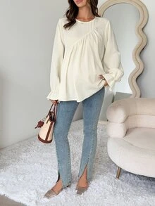 Dazy Maternity Solid Color Loose Ruffle Long Sleeve Casual Vacation Daily Cover-Up Top Spring Autumn Maternity Cover Up - Apricot - View 5