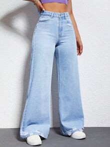 Jeanoix Petite Celana Panjang Wanita Gaya Y2K untuk Aktivitas Luar Ruangan, Model Petite, Warna Biru, Potongan Lebar, Cocok untuk Semua Musim, dengan Detail Usang dan Potongan Rapi. - Light Wash - View 5