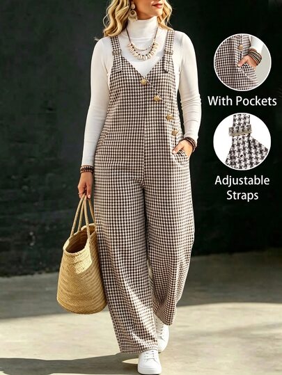 Linhara CURVE Plus Size Women's Autumn/Winter Houndstooth Plaid Decorative Buckle Pocket Overalls, Versatile For Outings, Commuting And Casual Wear