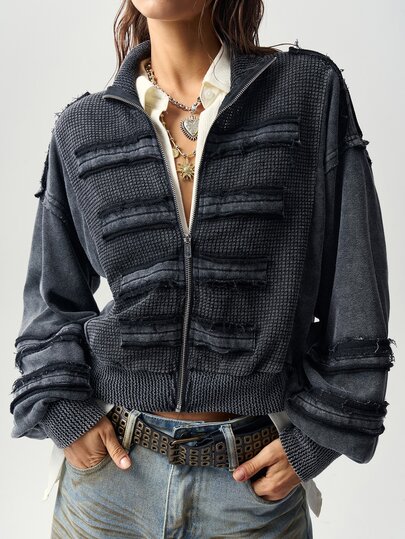 Bohemela Chaqueta de manga larga de unicolor con cremallera, casual y versátil para uso diario para mujer