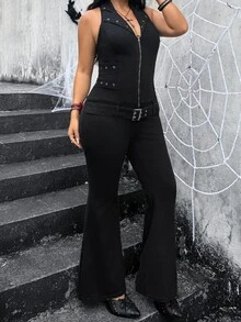 Jeanoix Plus Size Women's Sexy Halter Neck Denim Jumpsuit With Flared Legs - Black - View 3