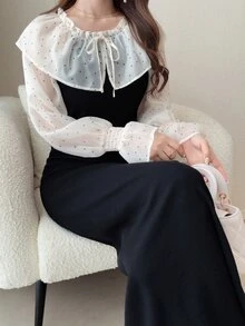 FRIFUL Gaun Elegan Wanita Motif Polkadot Patchwork dengan Ruffle dan Tali di Bagian Depan - Hitam dan Putih - View 6