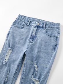 SHEIN 青少年女孩 Y2K 時尚百搭重磅水洗彈性喇叭腿牛仔褲 - 淺色水洗藍 - 查看 4