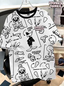 LOONEY TUNES X SHEIN Manfinity Joysei 男士字母卡通印花圓領短袖休閒T恤 - 白色 - 查看 1