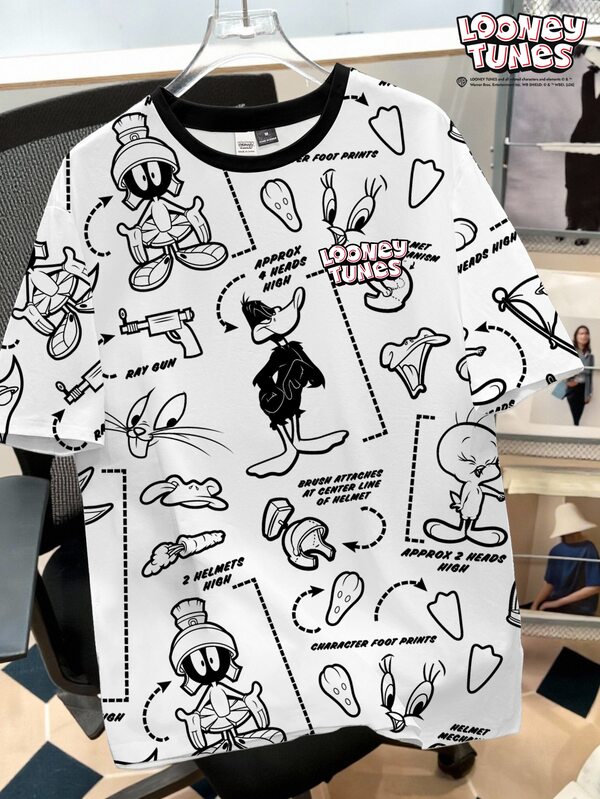 LOONEY TUNES X SHEIN Manfinity Joysei Men's Letter Cartoon Print Crew Neck Short Sleeve Casual T-Shirt