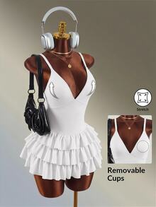 Amplova Ruffle Trim Backless Spaghetti Strap Sports Romper - White - View 4