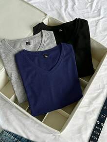 SHEIN EZwear 3件組女款夏季V領修身T恤，龐克次文化動漫純色基礎款短袖修身T恤 - 彩色 - 查看 7