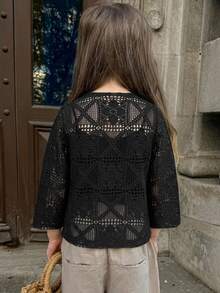 Dazy Kids 女童小號紋理鏤空設計翻領短袖T恤 - 黑色 - 查看 10
