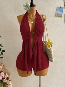 Soleia 女款純色環扣掛脖上衣與短褲性感度假套裝 - 酒紅色 - 查看 6